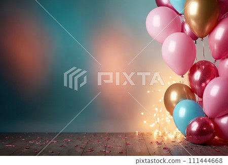 Multicolored shiny balloons flying near blue wall. Copy space. Concept of holiday, party and celebration. Ai generative Multicolored shiny balloons flying near blue wall. Copy space. Concept of holiday, party and celebration. Ai generative 111444668