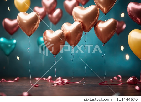 Many pink and golden shiny balloons shapes of heart flying near blue wall. Concept of holiday, party and celebration. Ai generative 111444670