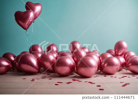 Many pink shiny balloons are lying near blue wall. Copy space. Concept of holiday, party and celebration. Ai generative Many pink shiny balloons are lying near blue wall. Copy space. Concept of holiday, party and celebration. Ai generative 111444671