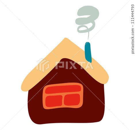 Small Colorful crooked house in Flat style with Smoke from Chimney, Roof and Window. Cartoon Children drawing Vector illustration Isolated white background. Design art Home for Sticker, Card, Poster. Small Colorful crooked house in Flat style with Smoke from Chimney, Roof and Window. Cartoon Children drawing Vector illustration Isolated white background. Design art Home for Sticker, Card, Poster. 111444793