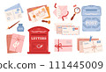 Craft envelopes, handmade cards. Stamps and postal stationery. Different retro postboxes. Delivery, message, communication concept. Set of isolated vector illustration. 111445009