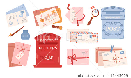 Craft envelopes, handmade cards. Stamps and postal stationery. Different retro postboxes. Delivery, message, communication concept. Set of isolated vector illustration. Craft envelopes, handmade cards. Stamps and postal stationery. Different retro postboxes. Delivery, message, communication concept. Set of isolated vector illustration. 111445009