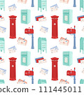 Mailing seamless pattern. Different postal letterboxes, postboxes, mailbox for delivery envelopes, parcels. Hand drawn vector illustration. 111445011