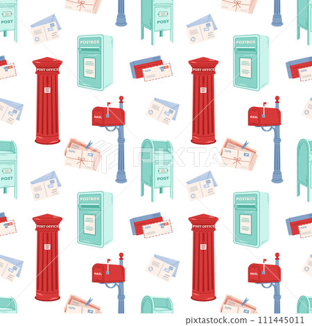 Mailing seamless pattern. Different postal letterboxes, postboxes, mailbox for delivery envelopes, parcels. Hand drawn vector illustration. 111445011