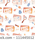 Craft envelope, letter, postcard. Mailing seamless pattern. Look at postage stamps under a magnifying glass. Collecting postage stamps, hobby. 111445012