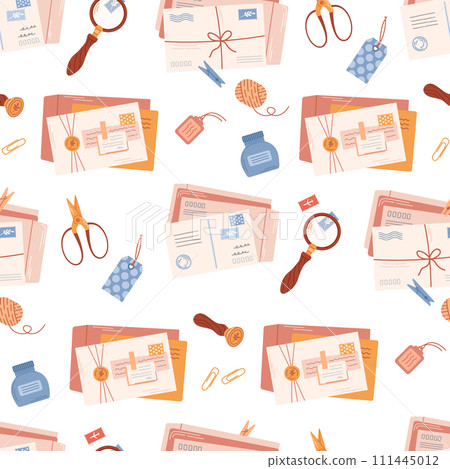 Craft envelope, letter, postcard. Mailing seamless pattern. Look at postage stamps under a magnifying glass. Collecting postage stamps, hobby. 111445012