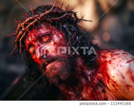 AI-generated content. Jesus Christ sufferings, bloody body taken off the cross after the crucifixion in Jerusalem AI-generated content. Jesus Christ sufferings, bloody body taken off the cross after the crucifixion in Jerusalem 111445168