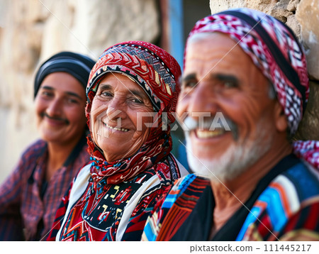 AI-generated content. Smiling native indigenous people of Palestine dressed in colorful keffiyeh 111445217
