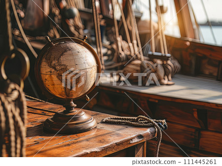 AI-generated content. Old frigate pirate ship adventure with rustic globe navigation explores seas 111445261