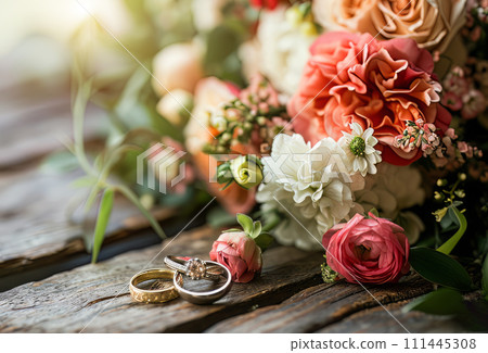 AI-generated content. Diamond wedding rings jewelry and flowers bouquet for the wedding engagement and honeymoon 111445308