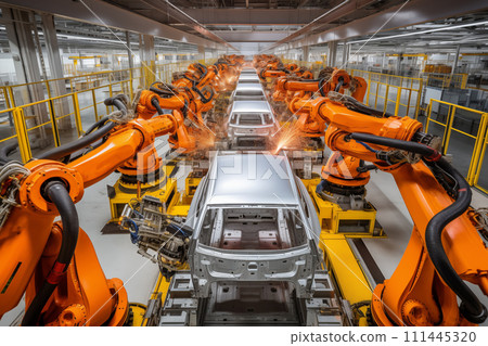 AI-generated content. Car factory conveyor belt assemblance line production with robots and artificial intelligence 111445320