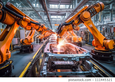 AI-generated content. Car factory conveyor belt assemblance line production with robots and artificial intelligence 111445321