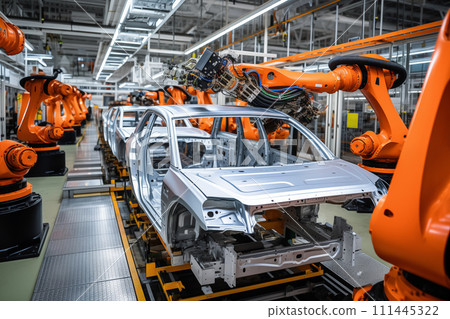 AI-generated content. Car factory conveyor belt assemblance line production with robots and artificial intelligence 111445322