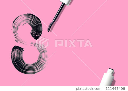 8 march international women's day. Smearing, swatch of mascara in the shape of a figure eight. Creative, minimalism poster pink background flat lay copy space for your text 111445406