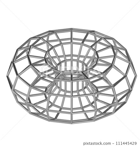 Silver Wireframe Torus Structure with Geometric Mesh Pattern Silver Wireframe Torus Structure with Geometric Mesh Pattern 111445429