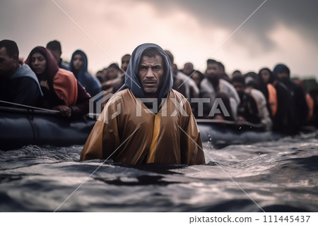 Migrant vessel in Mediterranean Sea. Migrant vessel in Mediterranean Sea. 111445437