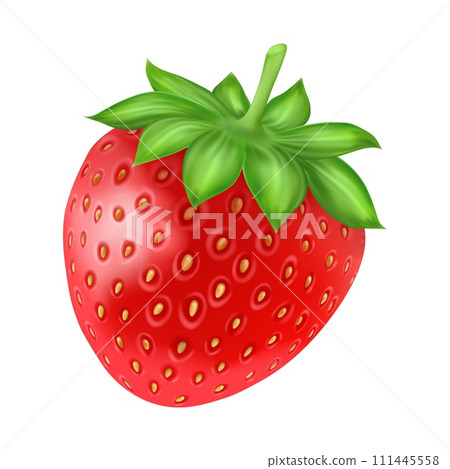 Whole strawberry. Realistic berry with green leaves. Fresh summer raw fruit for packaging and advertising decor. Healthy food. Delicious product. 3d isolated on white background vector illustration 111445558