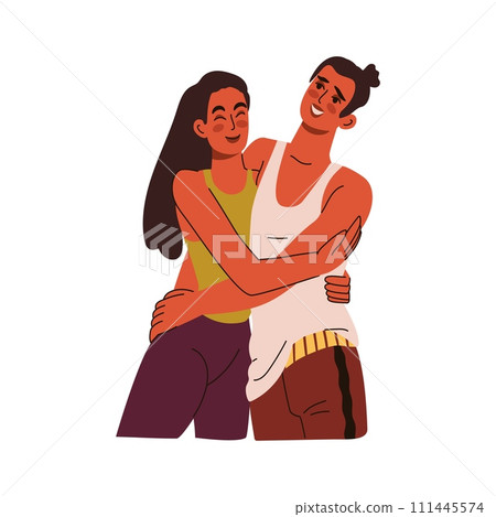 Happy couple. Romantic relationships, man and woman hugging. Boyfriend and girlfriend on date. Valentine day. Characters in love. Adorable family. Vector cartoon flat style isolated illustration Happy couple. Romantic relationships, man and woman hugging. Boyfriend and girlfriend on date. Valentine day. Characters in love. Adorable family. Vector cartoon flat style isolated illustration 111445574
