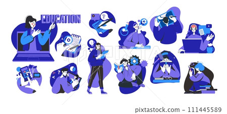 Student icon. People studying. Business training. School education. Online library. Woman reading book. Man in classroom. College teacher. Exam test. Computer webinar technology. Vector concepts set Student icon. People studying. Business training. School education. Online library. Woman reading book. Man in classroom. College teacher. Exam test. Computer webinar technology. Vector concepts set 111445589