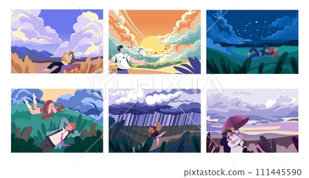 People looking at sky. Nature landscape. Couple admire at summer night stars and clouds. Woman dreaming on meadow. Mental health. Man back view. Scenic sunset or evening rain. Vector illustrations set 111445590
