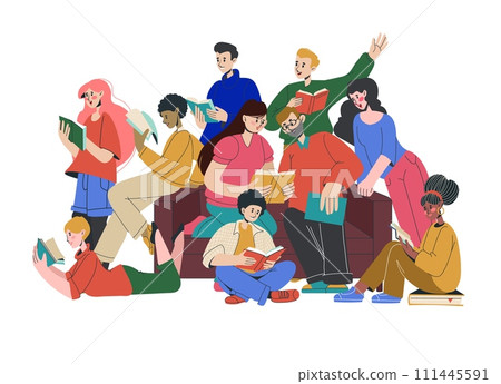 Students with books. Clever people. Young men and women read story together. Reader characters portrait. Friends in library. Teacher shares knowledge. Education group. Vector studying persons on sofa Students with books. Clever people. Young men and women read story together. Reader characters portrait. Friends in library. Teacher shares knowledge. Education group. Vector studying persons on sofa 111445591