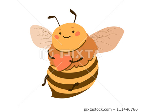 Bee honey vector illustration. Cute cartoon bee character isolated on white background. Fun and happy smiling insect holding heart. Positive flat cartoon modern design for organic sweets Bee honey vector illustration. Cute cartoon bee character isolated on white background. Fun and happy smiling insect holding heart. Positive flat cartoon modern design for organic sweets 111446760