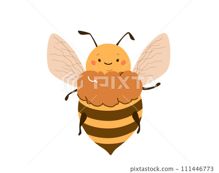 Bee honey vector illustration. Cute cartoon bee character isolated on white background. Fun and happy smiling insect. Positive flat cartoon modern design for organic sweets Bee honey vector illustration. Cute cartoon bee character isolated on white background. Fun and happy smiling insect. Positive flat cartoon modern design for organic sweets 111446773