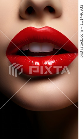 Women's lips close-up with sexy red lipstick 111446932