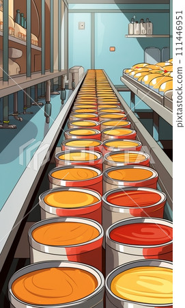 Illustration of a canning factory, cans with contents moving along a conveyor belt for labeling and marking Illustration of a canning factory, cans with contents moving along a conveyor belt for labeling and marking 111446951