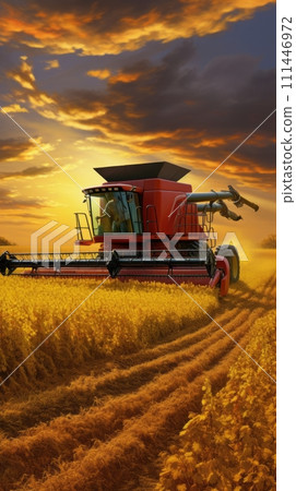 Combine harvester in a soybean field harvesting soybeans at sunset 111446972