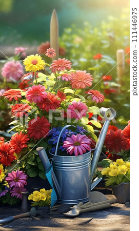 Beautiful colorful variety of spring and summer flowers in pots and a watering can on the patio Beautiful colorful variety of spring and summer flowers in pots and a watering can on the patio 111446975