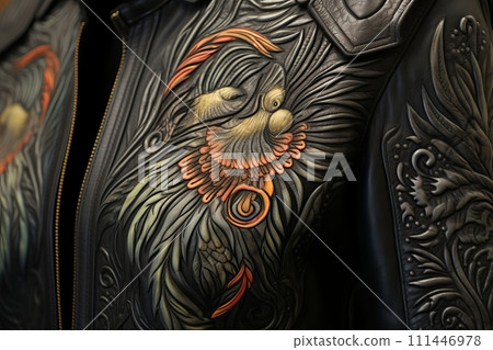 Hand colored embroidery on leather jacket, fashion leather jacket 111446978