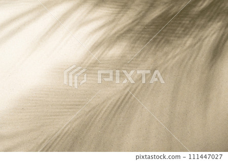 The shadow of a palm tree branch on the sand of a sandy tropical beach. Background, copy space, travel, summer concept. The shadow of a palm tree branch on the sand of a sandy tropical beach. Background, copy space, travel, summer concept. 111447027