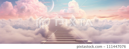 Delicate airy stairway goes to the sky to the light, delicate pastel colors, airy light clouds, stairway to the clouds, banner Delicate airy stairway goes to the sky to the light, delicate pastel colors, airy light clouds, stairway to the clouds, banner 111447076