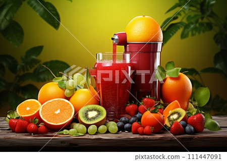 Mixer blender with fresh fruit on the table, making juice and smoothies from seasonal fresh fruit, healthy drink and lifestyle Mixer blender with fresh fruit on the table, making juice and smoothies from seasonal fresh fruit, healthy drink and lifestyle 111447091