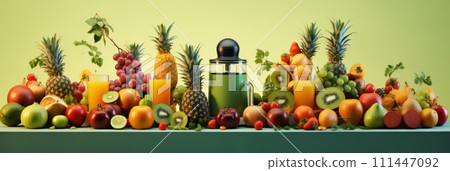 Mixer blender with fresh fruit on the table, making juice and smoothies from seasonal fresh fruit, banner, healthy drink and lifestyle Mixer blender with fresh fruit on the table, making juice and smoothies from seasonal fresh fruit, banner, healthy drink and lifestyle 111447092