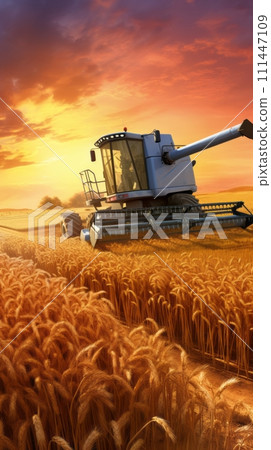 Combine in wheat field harvesting wheat at sunset 111447109