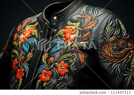 Hand colored embroidery on leather jacket, fashion leather jacket Hand colored embroidery on leather jacket, fashion leather jacket 111447113