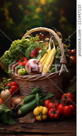 Basket of fresh vegetables on the table, seasonal farm vegetables Basket of fresh vegetables on the table, seasonal farm vegetables 111447115