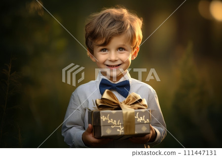 Happy smiling baby boy holding a gift box 111447131