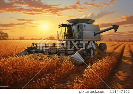 Combine harvester in a soybean field harvesting soybeans at sunset Combine harvester in a soybean field harvesting soybeans at sunset 111447162