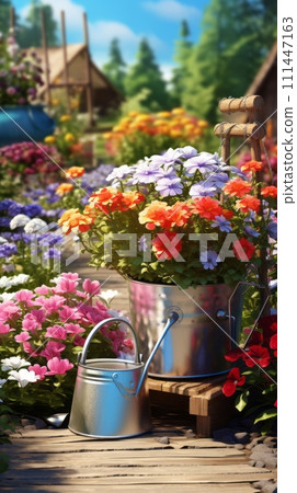 Beautiful colorful variety of spring and summer flowers in pots and a watering can on the patio Beautiful colorful variety of spring and summer flowers in pots and a watering can on the patio 111447163