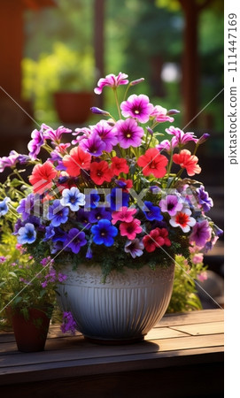 Beautiful colorful variety of spring and summer flowers in pots on the patio Beautiful colorful variety of spring and summer flowers in pots on the patio 111447169