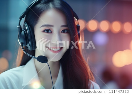 Smiling Asian girl with headphones and microphone in a call center 111447223