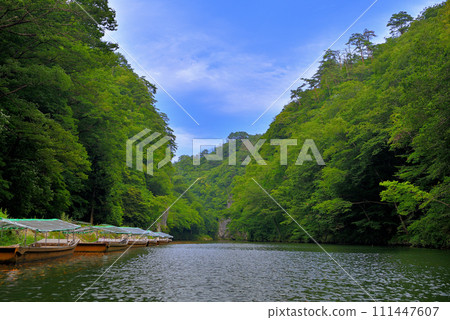 東北、猊鼻溪、漂流、茶道船和冬季被爐船排列的河岸航行的景象，岩手縣一關市 (4) 111447607