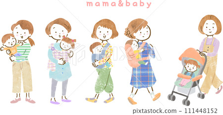 A set of cute hand-drawn illustrations of mothers carrying their children in baby carriers or strollers. A set of cute hand-drawn illustrations of mothers carrying their children in baby carriers or strollers. 111448152