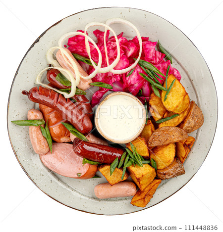 Portion of sausages and potato dish plate Portion of sausages and potato dish plate 111448836