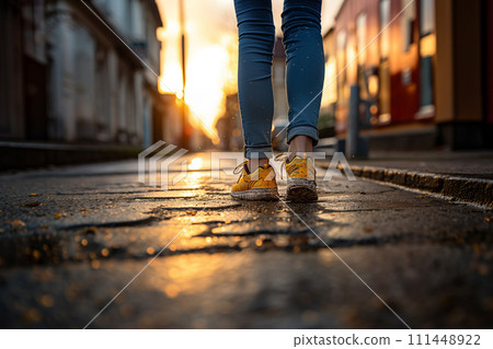 Footsteps of people walking in the city at dusk 111448922