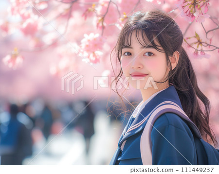 Sakura and smiling female student Sakura and smiling female student 111449237