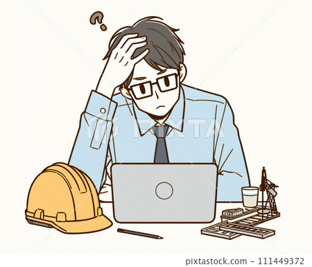 一個年輕男性工程師把頭放在電腦前的簡單插圖 111449372
